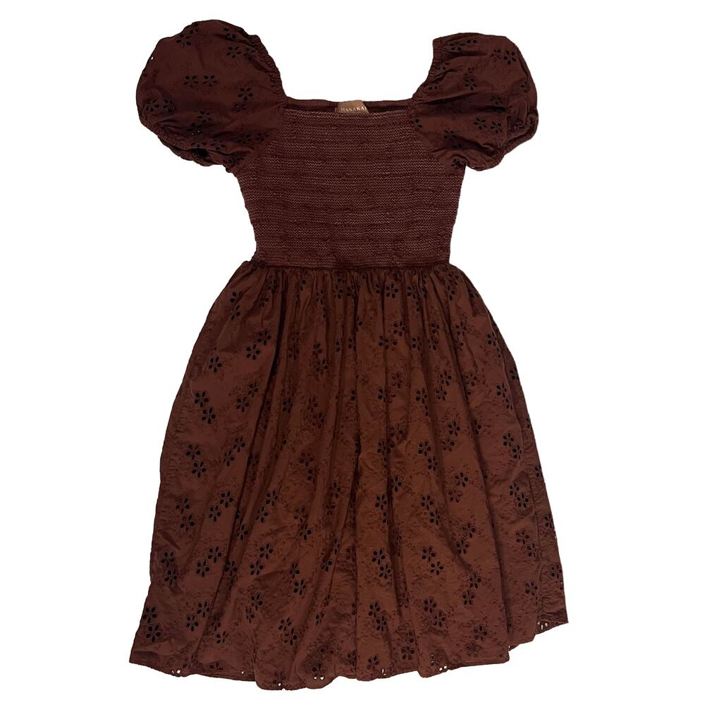 Jessakae Brown Eyelet Puff Sleeve Smocked Cottagecore Cotton Prairie Dress S
